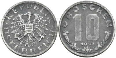 Австрия 10 грошей 1947 KM 2874 цинк 4591-1021