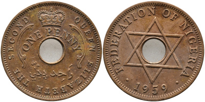 Нигерия 1 пенни 1959 Елизавета II (1952-), Британский протекторат KM 2 бронза 51-1723