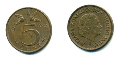 Нидерланды 5 центов 1965 Юлиана (1949-1980) KM 181 бронза 76-432
