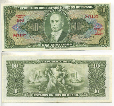 БРАЗИЛИЯ 10 КРУЗЕЙРО 1962 ПОДПИСЬ 10 Pick 177a бумага 3295-23-3