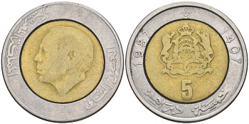 Марокко 5 дирхамОВ 1987 АН1407, ХАСАН II KM 82 биметалл 4572-832