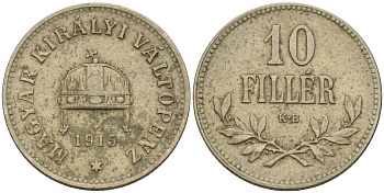 Венгрия 10 филлеров 1915 KB, Франц Иосиф I (1848-1916) KM 494 медь никель цинк 4151-1123