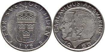 Швеция 1 крона 1999 Карл XVI Густав (1973- ) KM 852a медно-никель 89-1132