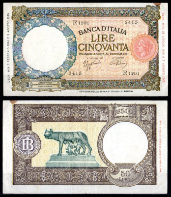 Италия 50 лир 1944 Волчица с Ромулом и Ремом Pick 66 бумага 8621-13-3-1