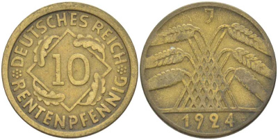 ГЕРМАНИЯ 10 РЕНTЕНПФЕННИГОВ 1924 J KM 33, J. 309, Weege 8 алюминиевая бронза 210-332