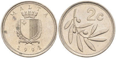 Мальта 2 цента 1991 оливковая ветвь KM 94 медно-никель 4585-1267
