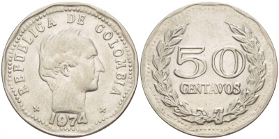 Колумбия 50 сентаво 1974 Симон Боливар KM 244.1 сталь плакированная никелем 4539-854