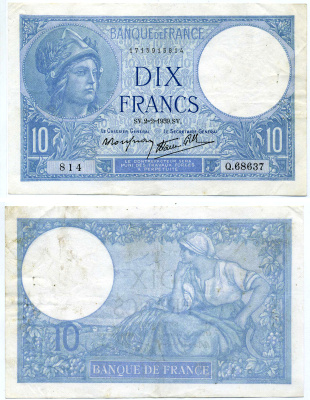 Франция 10 франков 1939 2 Февраля 1939, Минерва, крестьянка Pick 84  бумага   7203-8-3-1