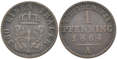 ПРУССИЯ 1 ПФЕННИГ 1864 А, ВИЛЬГЕЛЬМ I (1861-1888) KM 480 медь 201-541
