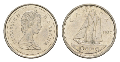 Канада 10 центов 1987 Елизавета II (1952-2022), парусник KM 77 никель 4630-837