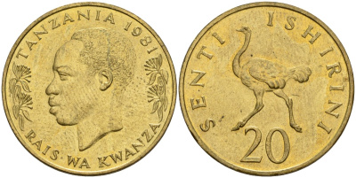 Танзания 20 центов 1981 KM 2 никель латунь UNC 93-424