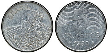 БРАЗИЛИЯ 5 КРУЗЕЙРО 1980 КОФЕ KM 591 сталь aUNC 72-813