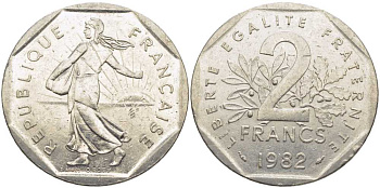 ФРАНЦИЯ 2 ФРАНКА 1982 СЕЯТЕЛЬ KM 942.1, LE FRANC 272.6 никель 111-1116