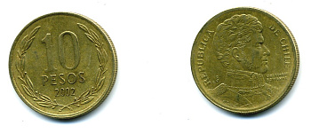 ЧИЛИ 10 ПЕСО 2002 ГЕНЕРАЛ БЕРНАРДО О ХИГГИНС KM 228.2 никель-бронза 37-215