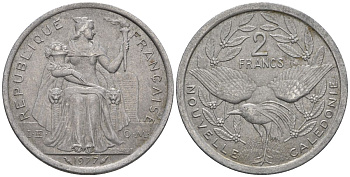 Французская Новая Каледония 2 франка 1977 птица кагу, (IEOM) KM 14, Schoen 11, Lec 58 алюминий    27-437