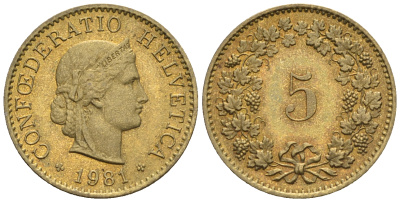 Швейцария 5 раппенов 1981 KM 26с алюминий латунь 4609-1016