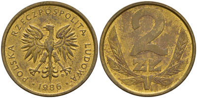 Польша 2 злотых 1986 MW KM 80.2 латунь    4598-1224