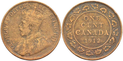 Канада 1 цент 1912 Георг V (1910-1936), большой формат KM 21 бронза 4448-852