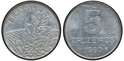 БРАЗИЛИЯ 5 КРУЗЕЙРО 1980 КОФЕ KM 591 сталь aUNC 72-813