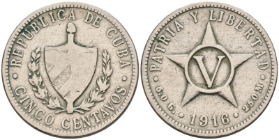Куба 5 сентаво 1916 звезда, республика (1915-1961) KM 11.1 медно-никель 113-1024