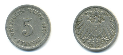 ГЕРМАНИЯ 5 ПФЕННИГОВ 1907 F, KM 11, J. 12 медно-никель 4379-544