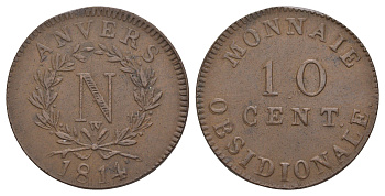 Франция, Осада Антверпена 10 сантимов 1814 Наполеон I KM 5 бронза 1519-433