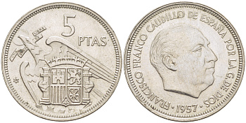 ИСПАНИЯ 5 ПЕСЕТ 1957 (58) ФРАНСИСКО ФРАНКО ДИКТАТОР ИСПАНИИ ( 1939- 1975) KM 786 медно-никель 216-627
