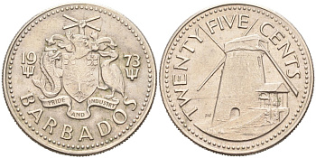 Барбадос 25 центов 1973 ветряная мельница Моргана Льюиса KM 13 медно-никель 4575-1156