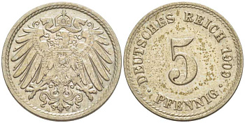 ГЕРМАНИЯ 5 ПФЕННИГОВ 1909 A KM 11, J. 12, Weege 6 медно-никель 206-956