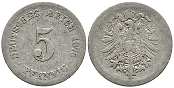 Германия 5 пфеннигов 1875 C, старогербовка KM 3, Jager 3, Weege 5 медно-никель 39-347