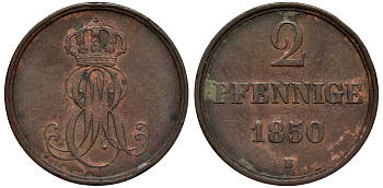 Ганновер 2 пфеннига 1850 B, Эрнст Август (1837-1851) KM 202.1, AKS 124, J. 75 медь 75-1942