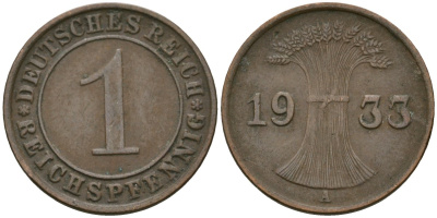 Германия 1 рейхспфенниг 1933 A KM 37, J. 313 бронза 4189-1214