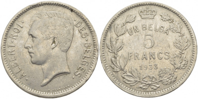 БЕЛЬГИЯ 5 ФРАНКОВ 1933 BELGES KM 97.1 никель 114-833