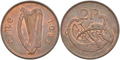 Ирландия 2 пенса 1988 птичка KM 21 бронза 4561-1225