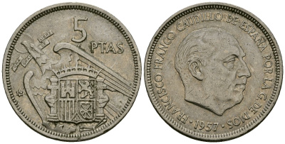 Испания 5 песет 1957 (74) KM 786 медно-никель 4138-1045