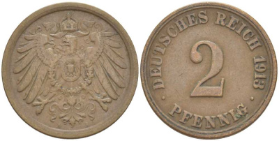 Германия 2 пфеннига 1913 A KM 16, J. 11, Weege 4 медь 212-416