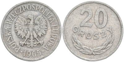 ПОЛЬША 20 ГРОШЕЙ 1965 MW KM A47 алюминий VF 4556-332