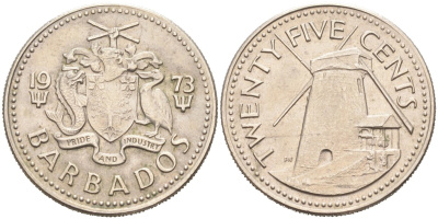 Барбадос 25 центов 1973 ветряная мельница Моргана Льюиса KM 13 медно-никель 4575-1156