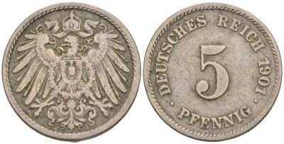 ГЕРМАНИЯ 5 ПФЕННИГОВ 1901 J, KM 11, J. 12 медно-никель 73-1515