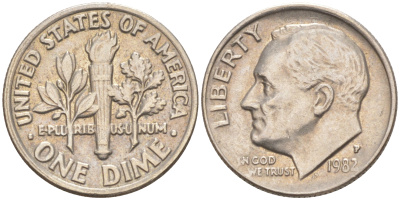 США 10 центов (дайм) 1982 P, Рузвельт KM 195a медь плакированная медно-никелем 187-1057