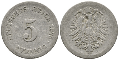 Германия 5 пфеннигов 1875 C, старогербовка KM 3, Jager 3, Weege 5 медно-никель 39-347