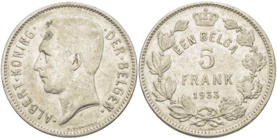 БЕЛЬГИЯ 5 ФРАНКОВ 1933 АЛЬБЕРТ I, DER BELGEN KM 98 никель 3851-434