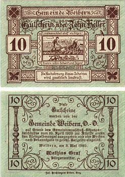 ВАЙБЕРН 10 ГЕЛЛЕРОВ 1920 НОТГЕЛЬД, 10 АПРЕЛЯ 1920 - 3 МАЯ 1920, ВЕРХНЯЯ АВСТРИЯ бумага 8608-3-3-1