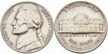 США 5 центов 1982 P, президент Джеферсон KM А192 медно-никель 4546-1155