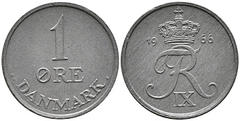 ДАНИЯ 1 ЭРЕ 1966 C; S, ФРЕДЕРИК IX (1947-1972) KM 839.2 цинк UNC 100-654