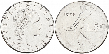 ИТАЛИЯ 50 ЛИР 1975 R, БОГ ОГНЯ ВУЛКАН У НАКОВАЛЬНИ KM 95.1 нержавеющая сталь 3996-916