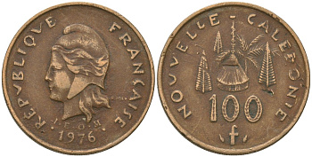 Французская Новая Каледония 100 франков 1976 хижина среди сосен и пальм, (IEOM) KM 15, Schoen 16, Lec 130 никель латунь 4137-516