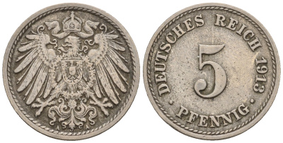 Германия 5 пфеннигов 1913 A, KM 11, J. 12 медно-никель 220-648