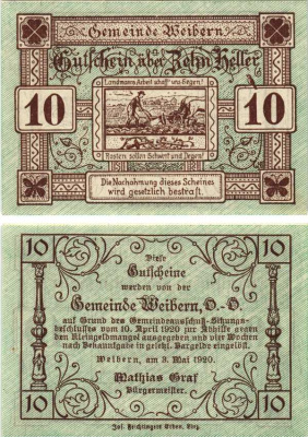 ВАЙБЕРН 10 ГЕЛЛЕРОВ 1920 НОТГЕЛЬД, 10 АПРЕЛЯ 1920 - 3 МАЯ 1920, ВЕРХНЯЯ АВСТРИЯ бумага 8608-3-3-1