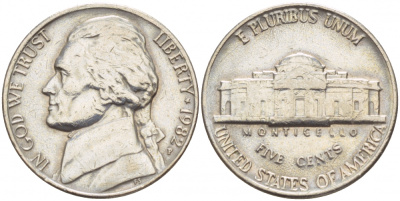 США 5 центов 1982 P, президент Джеферсон KM А192 медно-никель 4546-1155